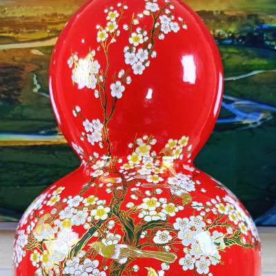 Bình Hồ Lô Men Đỏ - Hoạ Tiết Chim Hoa Đào - Gốm Sứ Trung Quốc